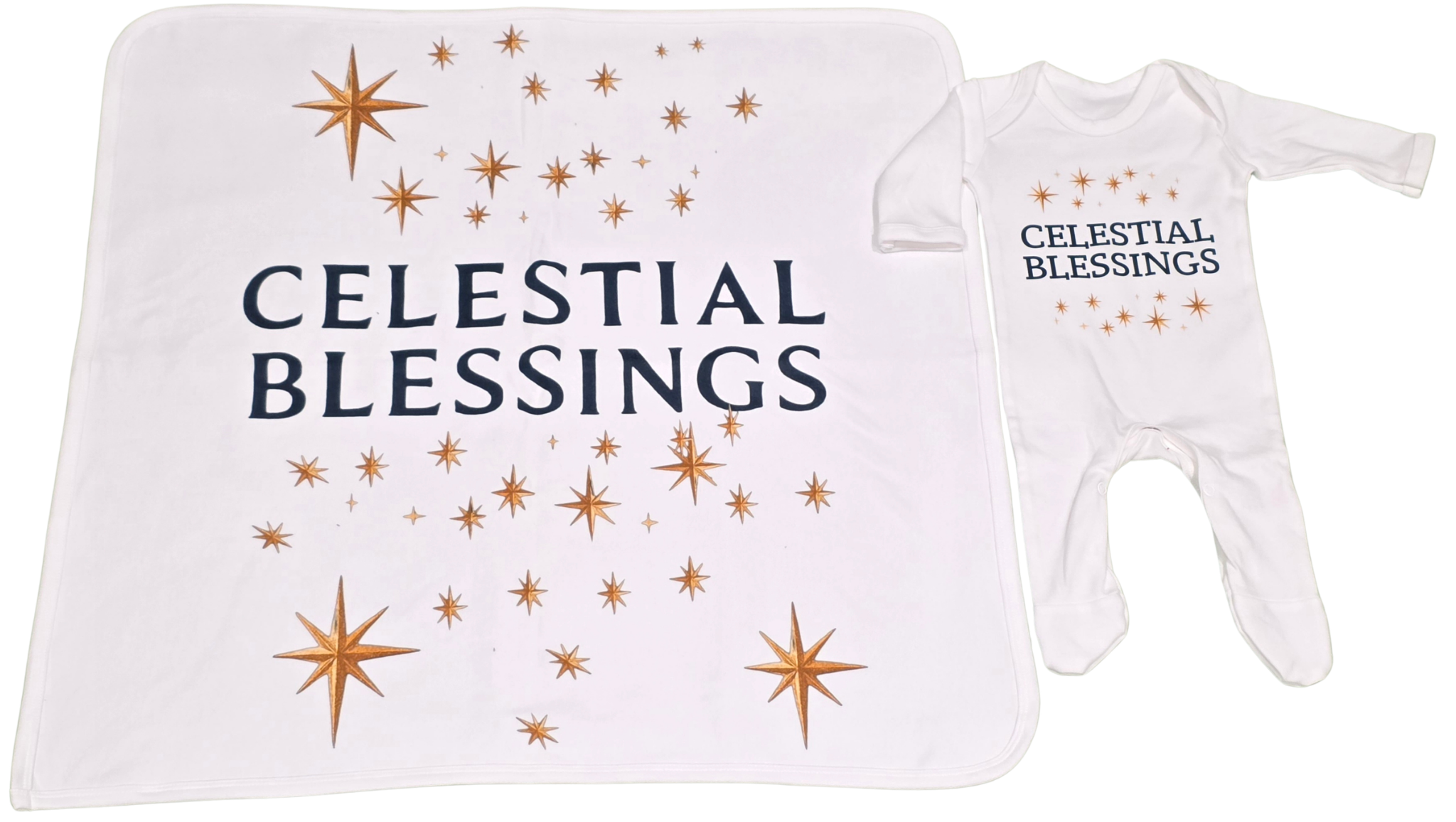 Celestial Blessings Sleepsuit & Shawl Set – 100% Cotton | Newborn–12 Months