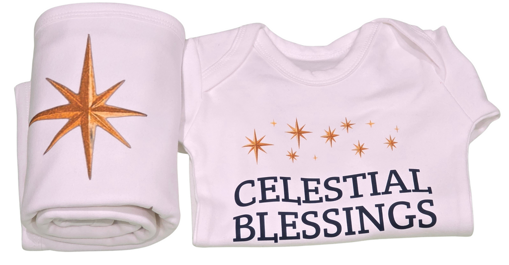 Celestial Blessings Sleepsuit & Shawl Set – 100% Cotton | Newborn–12 Months